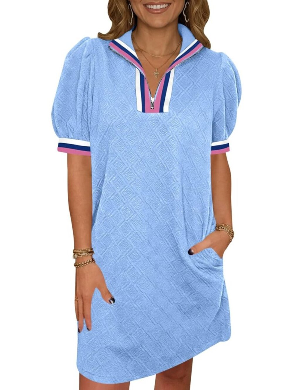 Summer Puff Sleeve Mini Dress | Quarter Zip V Neck | Casual Loose Fit Dress